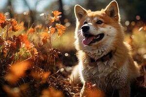 Akita Inu dog on the background of autumn nature. Ai art photo