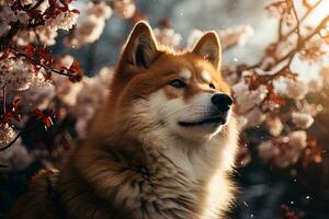 Akita Inu on the background of flowering trees, close-up photo, Ai art photo