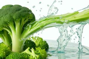 water splash on green broccoli. AI Generative Pro Photo