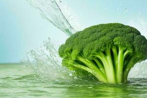 water splash on green broccoli. AI Generative Pro Photo