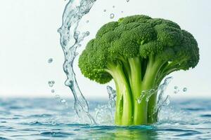 water splash on green broccoli. AI Generative Pro Photo