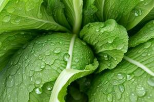 Fresh cabbage leaves with water drops. AI Generative Pro Photo