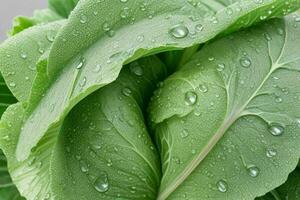 Fresh cabbage leaves with water drops. AI Generative Pro Photo