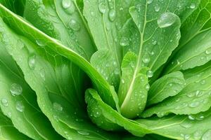 Fresh cabbage leaves with water drops. AI Generative Pro Photo