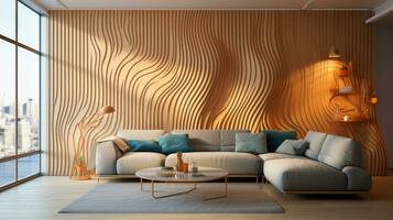 Modern living room with wooden geometric wall, Generative AI photo