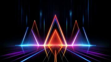Abstract futuristic neon glowing lamps in dark corridor, Technology background, Generative AI photo