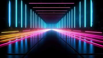 Abstract futuristic neon glowing lamps in dark corridor, Technology background, Generative AI photo