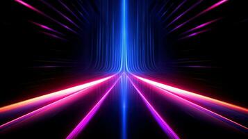 Abstract futuristic neon glowing lamps in dark corridor, Technology background, Generative AI photo