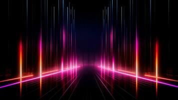 Abstract futuristic neon glowing lamps in dark corridor, Technology background, Generative AI photo