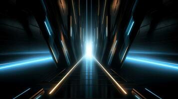 Abstract futuristic neon glowing lamps in dark corridor, Technology background, Generative AI photo