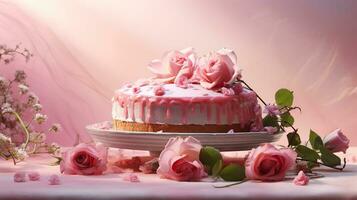 A delicious pink cake and decoration on the table. Generative AI. photo