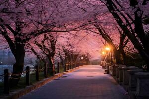Cereza florecer parque durante puesta de sol ai generativo foto