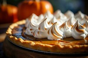 un imagen de un cerca arriba Disparo de un delicioso calabaza tarta ai generativo foto