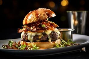 The burger is served beautifully on a plate Generative AI photo