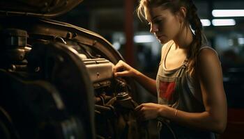 hembra mecánico reparando un Clásico coche generativo ai foto