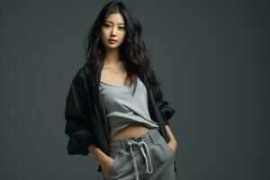 asian model in casual clothes posing in plain solid studio background Ai Generative photo