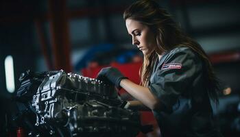 female mechanic repairing car in workshop Generative AI photo