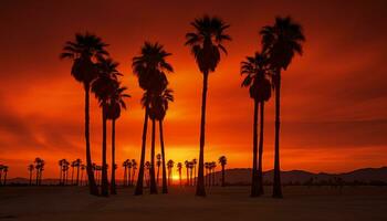 dramático palma árbol silueta de Desierto puesta de sol generativo ai foto