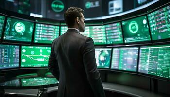A male trader is monitoring a chart Generative AI photo