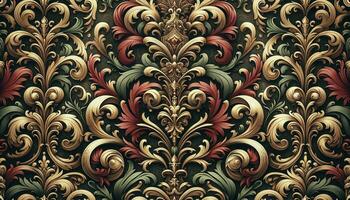 A photo of wallpaper that showcases a lavish Victorian Gothic pattern with detailed Rococo designs in a royal color scheme. AI Generated