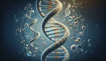 An intricate of a magnified DNA double helix surrounded by molecular structures. AI Generative photo