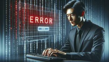 un empresario de asiático descendencia mecanografía en un computadora teclado con un virtual error mensaje. ai generativo foto