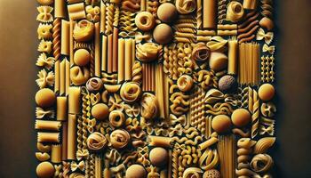 Abstract texture background composed of various types of pasta. AI Generative photo