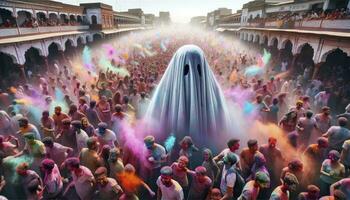 holi festival con un sombrío fantasmal figura flotando en medio de el multitud, ai generativo foto