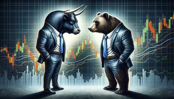 The bull and bear in a confrontational stance, set against a stock market background. AI Generative photo