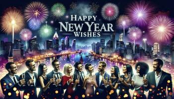 A vibrant New Year's celebration scene with a city skyline and fireworks, featuring a diverse group of people toasting with champagne. AI Generative photo