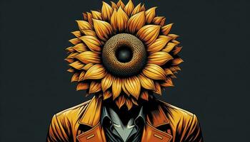 A figure with an orange jacket and sunflower blooms for eyes. AI Generative photo