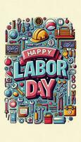 A Labor Day flyer in a vertical format, showcasing a large, colorful 'Happy Labor Day' text in the center. AI Generative photo