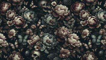 Design with deep tones, featuring peonies, butterflies, and subtle skull motifs, creating a balance between beauty and darkness. AI Generated photo