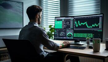 A male trader is monitoring a chart Generative AI photo
