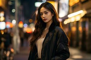 Asian girl with fashionable outfit posing in bustling city Generative AI photo