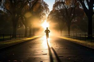 A photo of a runner sprinting through a city park AI Generative