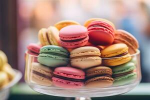 Colorful macarons are arranged in a shop display AI Generative photo