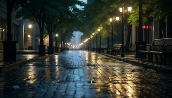 acera a noche después lluvia con mojado calles ai generativo foto