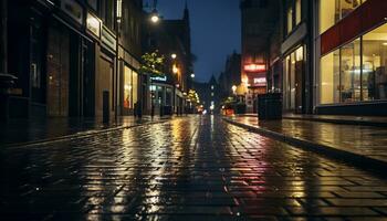 sidewalk at night after rain with wet streets Ai Generative photo