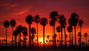 dramatic palm tree silhouette of desert sunset Generative AI photo