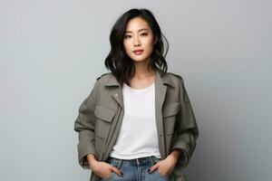 an attractive Asian model in plain solid studio background AI Generative photo