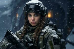 un hembra soldado es en deber en un Nevado sitio ai generativo foto