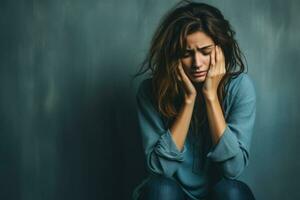 Patient showing signs of despair in a hospital room isolated on a gradient background photo