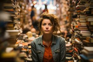 Dispirited person amidst crowded bookstore reflecting profound emotional vacuum photo
