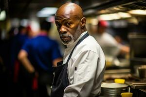 Chef somberly contemplates amidst the chaos of a busy professional kitchen photo