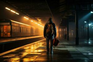 Lone figure battling internal turmoil at an empty dimly lit station photo