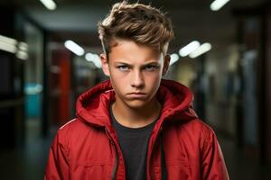 Teenager with gloomy expression in school hallway isolated on a gradient background photo