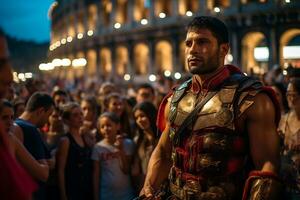 un calle ejecutante vestido como un romano gladiador un foto de un corredor corriendo mediante un ciudad parque ai generativo