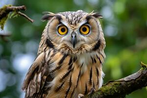 Owl perched on a tree branch in nature Generative AI photo