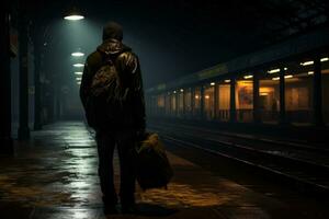 Lone figure battling internal turmoil at an empty dimly lit station photo